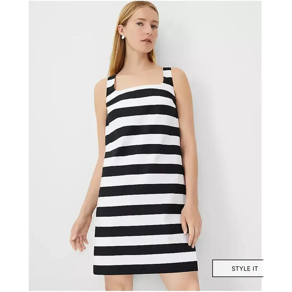 NWT Ann Taylor Square Neck Sleeveless Shift Dress Black White Linen Mini Size 10